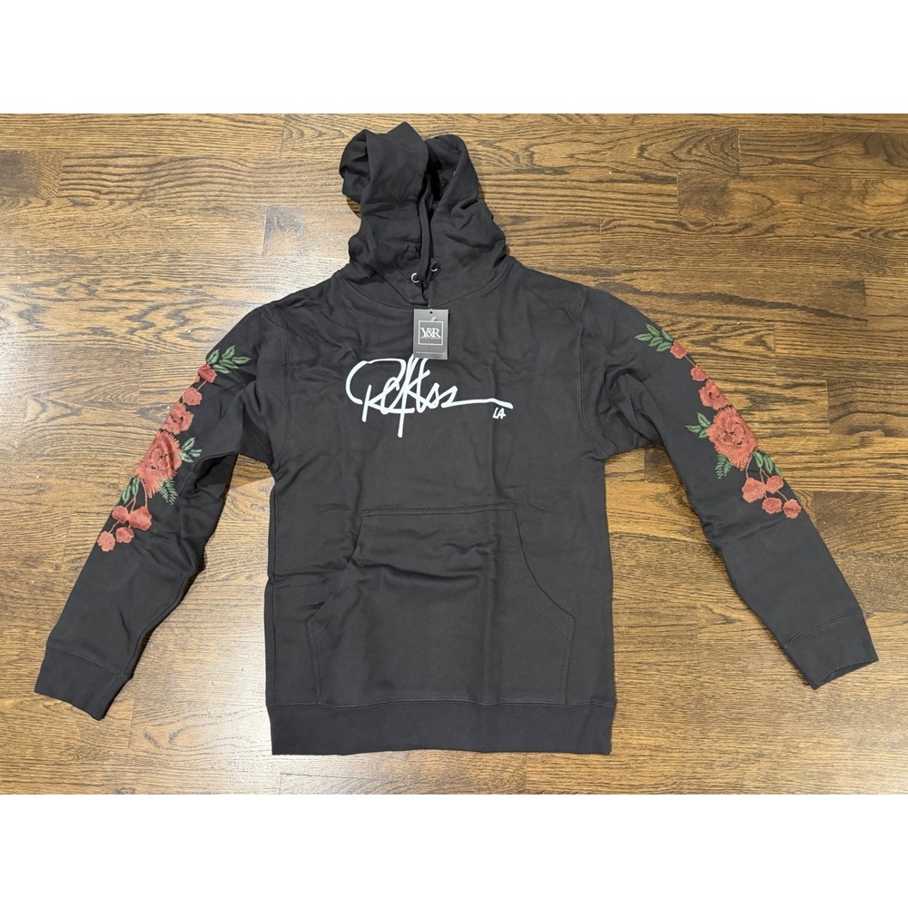 Young & Reckless Mens Pullover Hoodie Black Floral Roses Small Extra Small Y2K